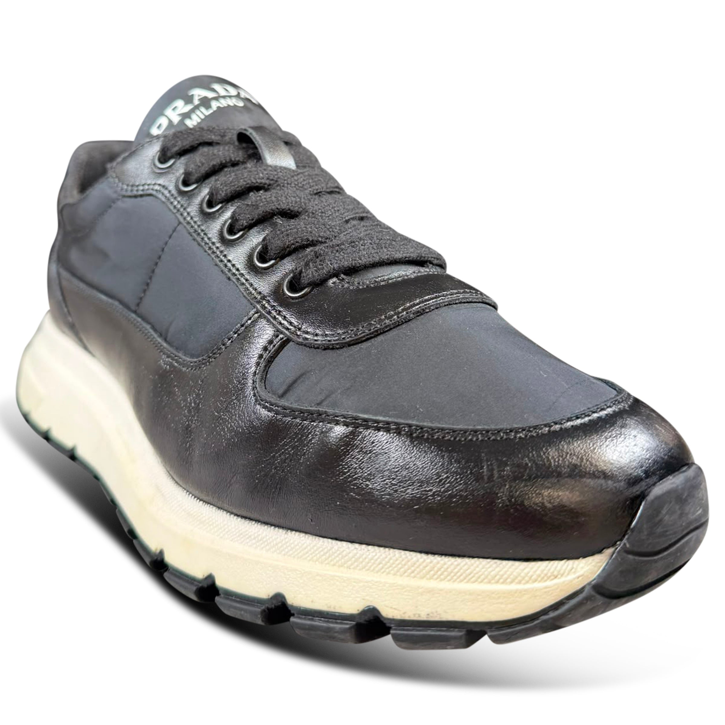 PRADA PRAX LEATHER LOW TRAINER BLACK - UK 8 - EU 42 (FITS 8.5)
