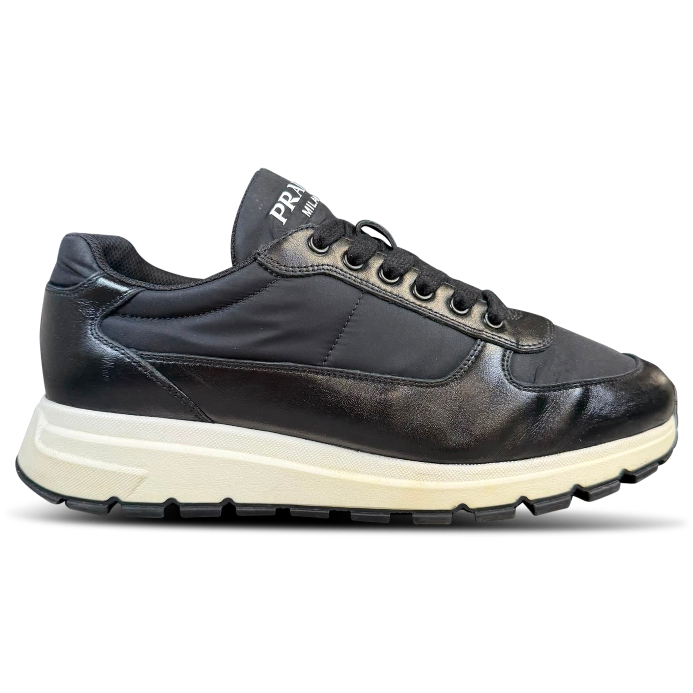 PRADA PRAX LEATHER LOW TRAINER BLACK - UK 8 (Fits 8.5) | PRE OWNED