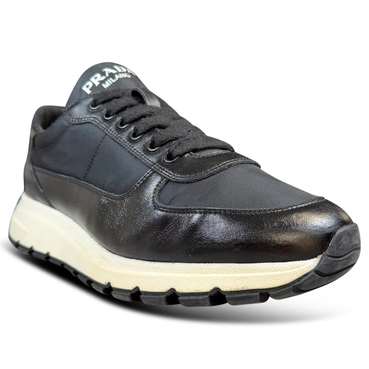 PRADA PRAX LEATHER LOW TRAINER BLACK - UK 8 (Fits 8.5) | PRE OWNED