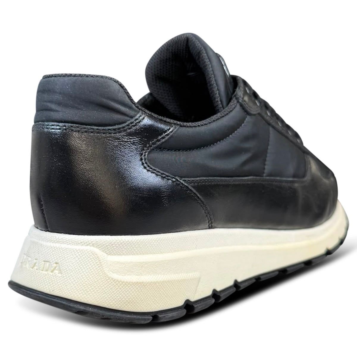 PRADA PRAX LEATHER LOW TRAINER BLACK - UK 8 (Fits 8.5) | PRE OWNED