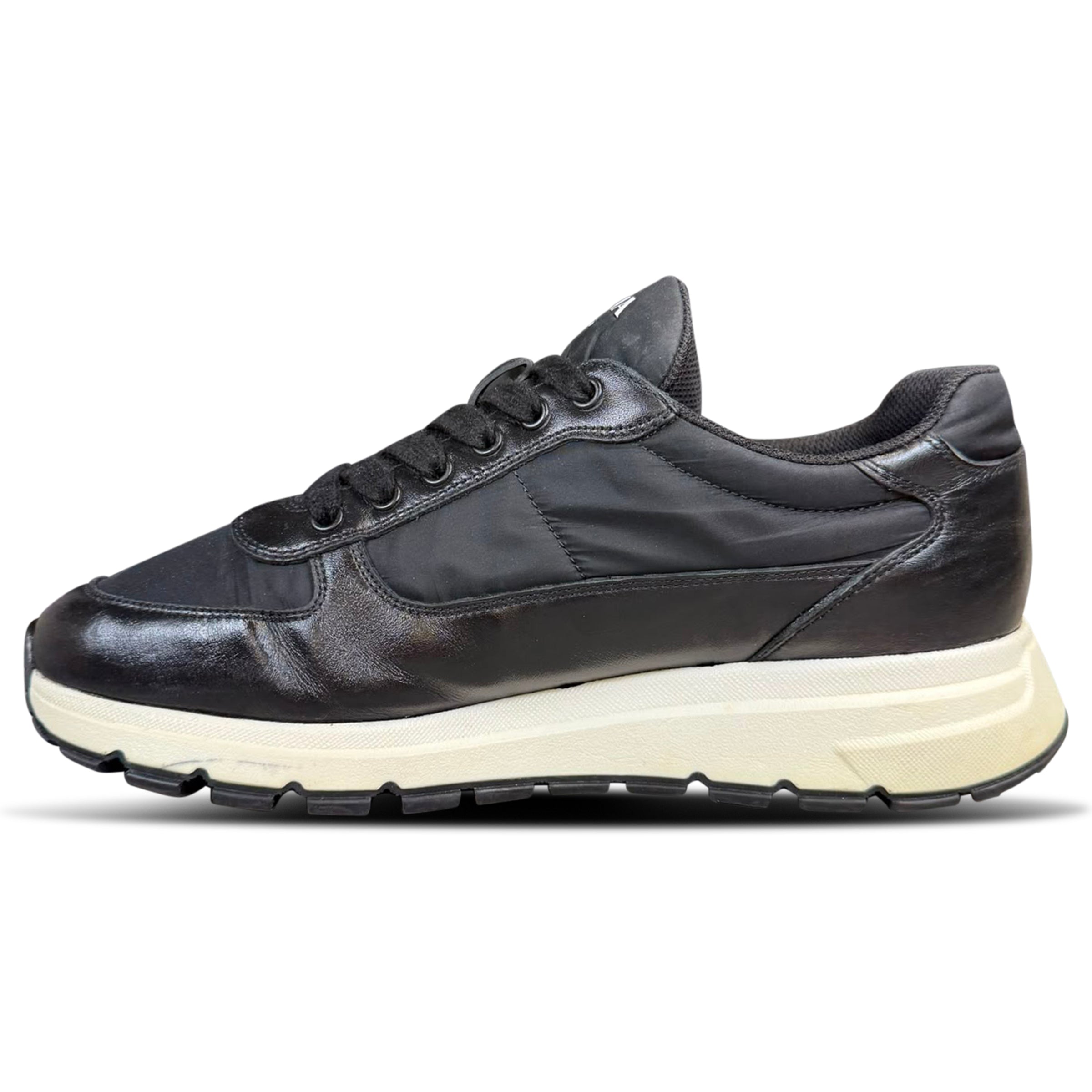 PRADA PRAX LEATHER LOW TRAINER BLACK - UK 8 (Fits 8.5) | PRE OWNED