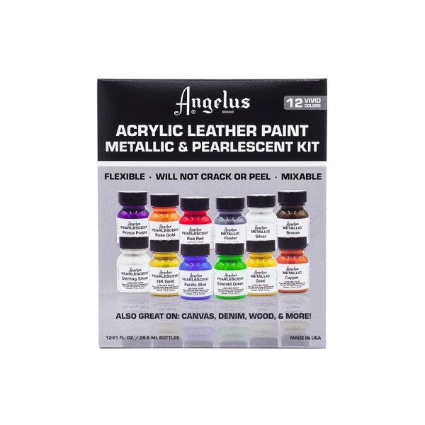 Angelus Acrylic Paint Metallic/Pearlescent Kit Box inc 12 x 1 fl oz/30ml Bottles