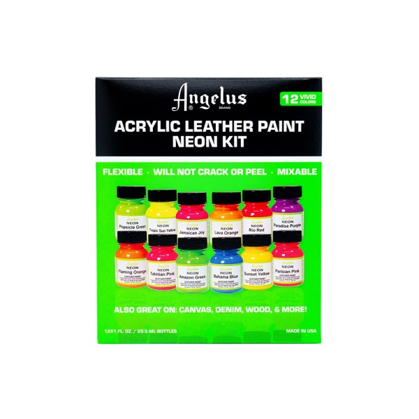 Angelus Acrylic Paint Neon Kit Box inc 12 x 1 fl oz/30ml Bottles